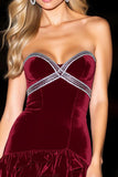 Burgundy A-Line Strapless Ruffled Velvet Short Cocktail Dress