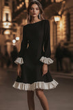 Ivory Black A-Line Ruffled Cocktail Dress with Sleeves