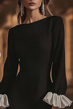 Ivory Black A-Line Ruffled Cocktail Dress with Sleeves