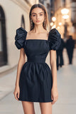 Navy Square Neck Ruched Short Cocktail Dress with Puff Sleeves