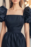 Navy Square Neck Ruched Short Cocktail Dress with Puff Sleeves