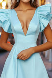 Sky Blue A-Line V-Neck Short Cocktail Dress with Ruffles