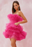 Fuchsia Strapless A-Line Ruffled Short Cocktail Dress