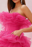 Fuchsia Strapless A-Line Ruffled Short Cocktail Dress