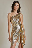 Sparkly Gold A Line One Shoulder Ruched Short Cocktail Dress with Sequins