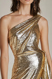 Sparkly Gold A Line One Shoulder Ruched Short Cocktail Dress with Sequins