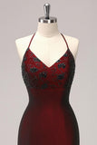 Mermaid Black Red Halter Appliqued Long Formal Dress