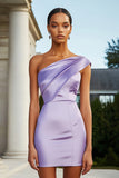 Lilac Satin One Shoulder Short Cocktail Dress