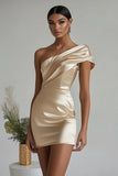 Champagne One Shoulder Short Satin Cocktail Dress