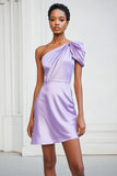 One Shoulder Lilac Satin Short Cocktail Dress