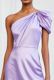 One Shoulder Lilac Satin Short Cocktail Dress
