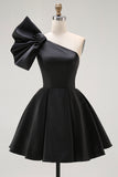 Black A Line Satin Short Cocktail Dress with Ruffles