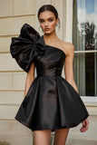 Black Satin A Line Cocktail Dress with Ruffles