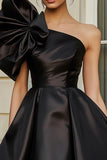Black Satin A Line Cocktail Dress with Ruffles