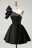 Black A Line Satin Short Cocktail Dress with Ruffles