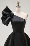 Black A Line Satin Short Cocktail Dress with Ruffles