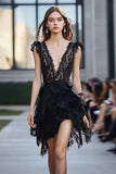 Black Lace Deep V-Neck Cocktail Dress