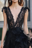 Black Lace Deep V-Neck Cocktail Dress
