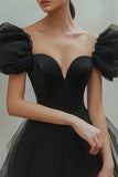Black Tulle A Line Short Cocktail Dress with Sleeves