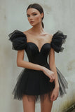 Black Tulle A Line Short Cocktail Dress with Sleeves