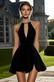 Sparkly Black Halter Short Cocktail Dress with Rhinestones