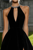 Sparkly Black Halter Short Cocktail Dress with Rhinestones
