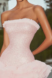Sparkly Pink Strapless Sequin Bodycon Short Cocktail Dress with Ruffles