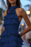 Navy Halter Chiffon Tiered Short Cocktail Dress with Ruffles