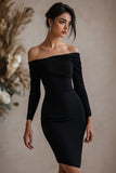 Black Off the  Shoulder Bodycon Short Cocktail Dress with Sleeves
