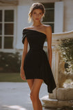 Black One Shoulder Ruched Bodycon Short Cocktail Dress with Ruffles