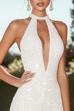 Sparkly Ivory Halter Sequin High-Low Cocktail Dress