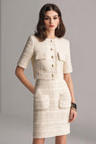 Ivory 2-Piece Bodycon Round Neck Knee-Length Work Dress with Pockets