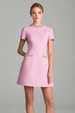 Pink A Line Round Neck Short Work Dress with Beading