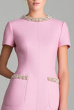 Pink A Line Round Neck Short Work Dress with Beading