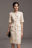 Ivory Knee-Length Sheath Round Neck Work Dress