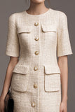 Ivory Knee-Length Sheath Round Neck Work Dress