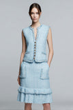 Knee-Length Sheath V-Neck Sky Blue Work Dress with Ruffles