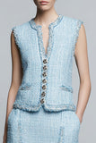 Knee-Length Sheath V-Neck Sky Blue Work Dress with Ruffles