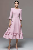 A Line Round Neck Midi Pink Work Dress with Ruffles