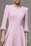 A Line Round Neck Midi Pink Work Dress with Ruffles