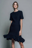 Round Neck Sheath Black Work Dress with Ruffles