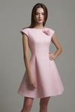 A Line Boat Neck Short Pink Work Dress with Flowers