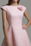 A Line Boat Neck Short Pink Work Dress with Flowers