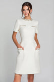 Ivory Round Neck Sheath Work Dress with Beading