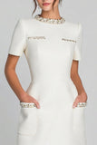Ivory Round Neck Sheath Work Dress with Beading