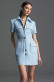 Sky Blue Polo Collar Sheath Work Dress