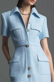 Sky Blue Polo Collar Sheath Work Dress