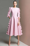 Round Neck A Line Pink Work Dress with Ruffles