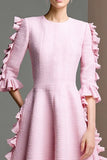 Round Neck A Line Pink Work Dress with Ruffles