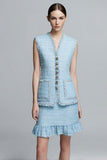 V-Neck 2-Piece Sheath Sky Blue Work Dress with Ruffles